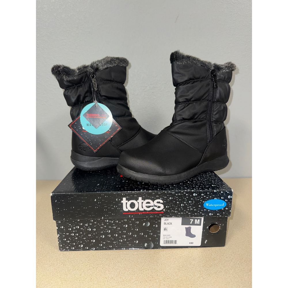 Totes Joy Black Waterproof Winter Boots Faux Fur Trim Side Zip Women 7M New